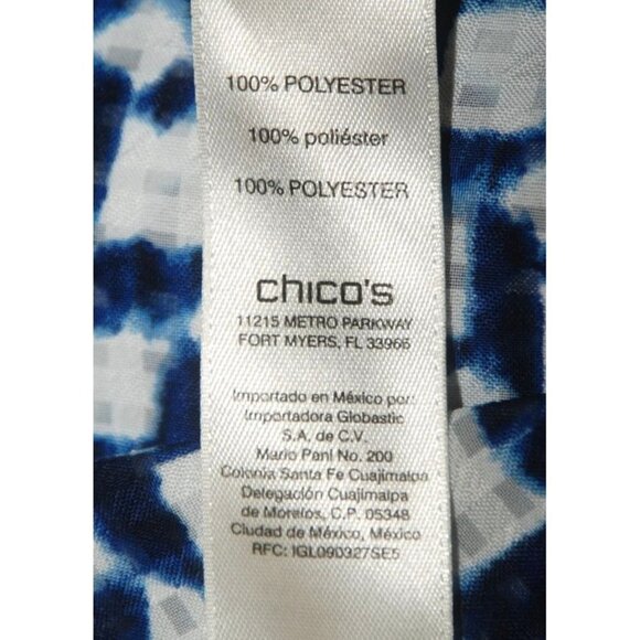 Chico's Blue & White Geo Print Pull Over Blouse Size 2 US L 12 Roll Tab V-Neck - Picture 9 of 10